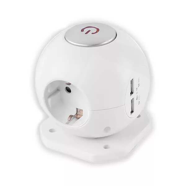   Hálózati elosztó GÖMB 3 foglalat + 2 x 2.1A USB + kapcsoló 1.5m kábel ENTAC