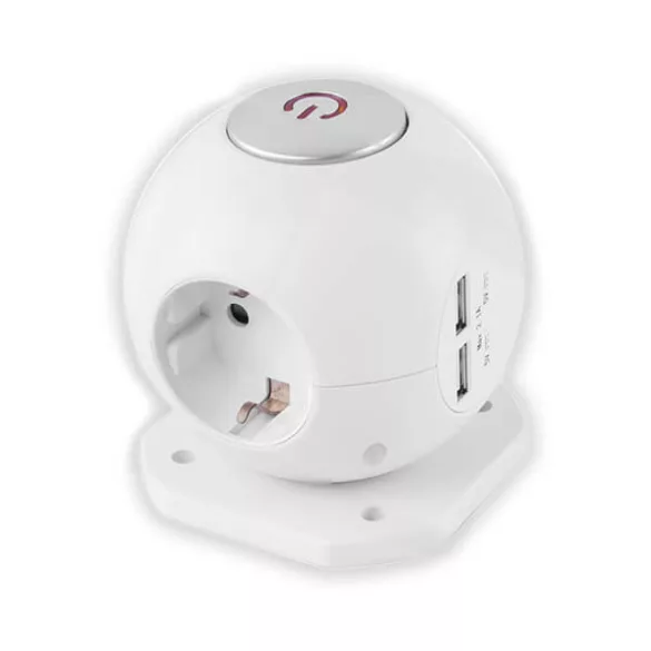 Hálózati elosztó GÖMB 3 foglalat + 2 x 2.1A USB + kapcsoló 1.5m kábel ENTAC