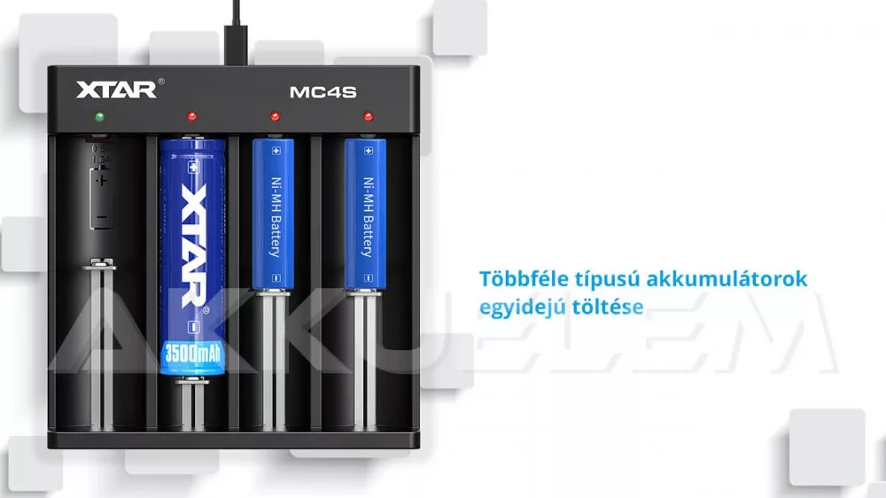 XTAR MC4S Ni-MH Li-ion akkutöltő 0.5A 1A USB-C kábellel tápegység nélkül
