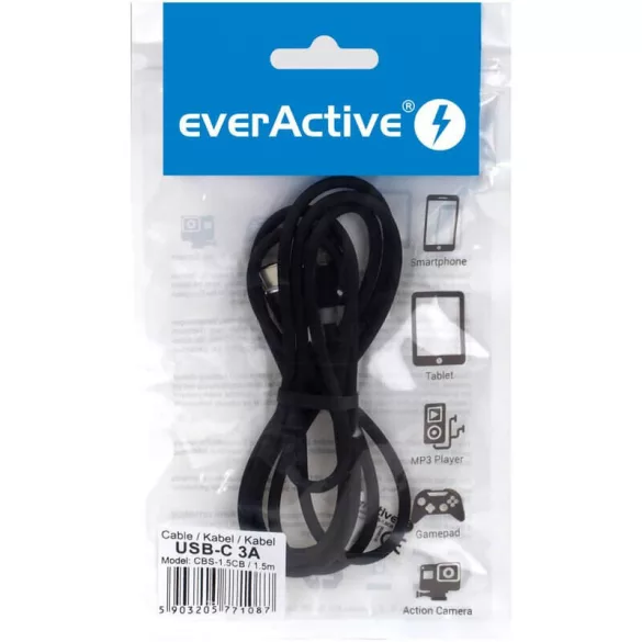 everActive USB-C kábel 3A 1,5 m fekete műanyag