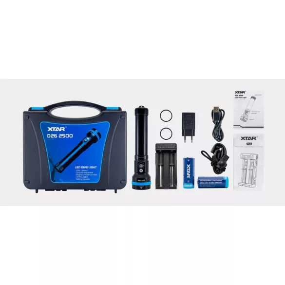 XTAR D26 2500lm búvárlámpa + 2 x 26650 Li-ion akku + FC2 töltő szett