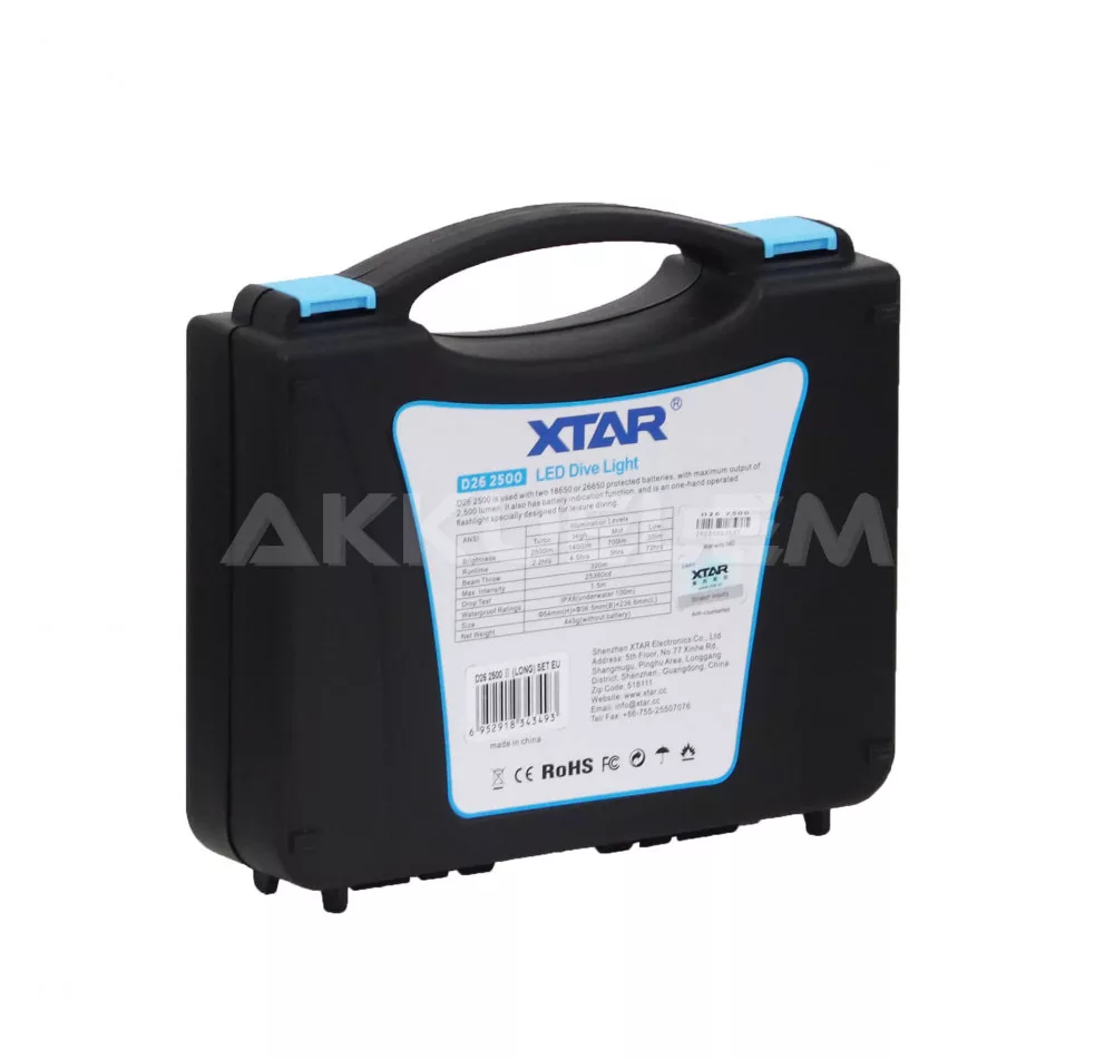 XTAR D26 2500lm búvárlámpa + 2 x 26650 Li-ion akku + FC2 töltő szett