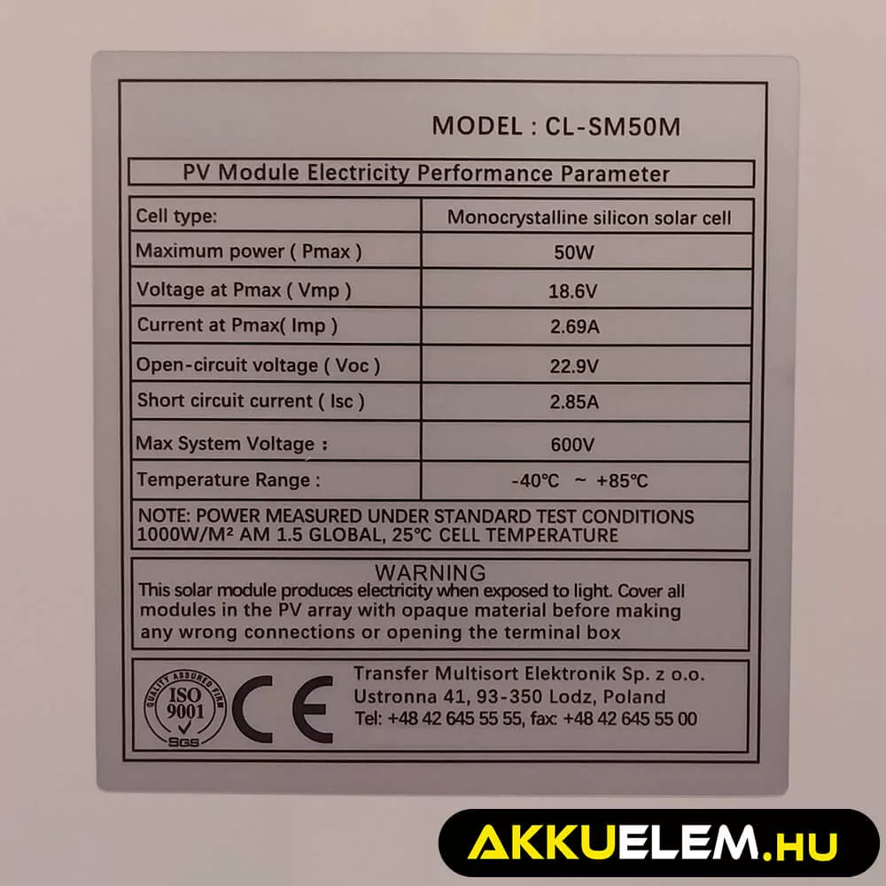 Napelem 50W CL-SM50M/P mono/polikristályos  (610x510x30mm) (vezeték nélkül)