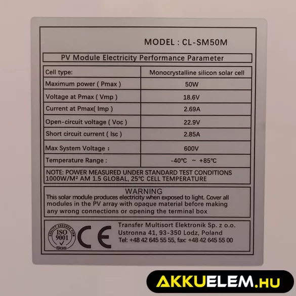 Napelem 50W CL-SM50M/P mono/polikristályos  (610x510x30mm) (vezeték nélkül)