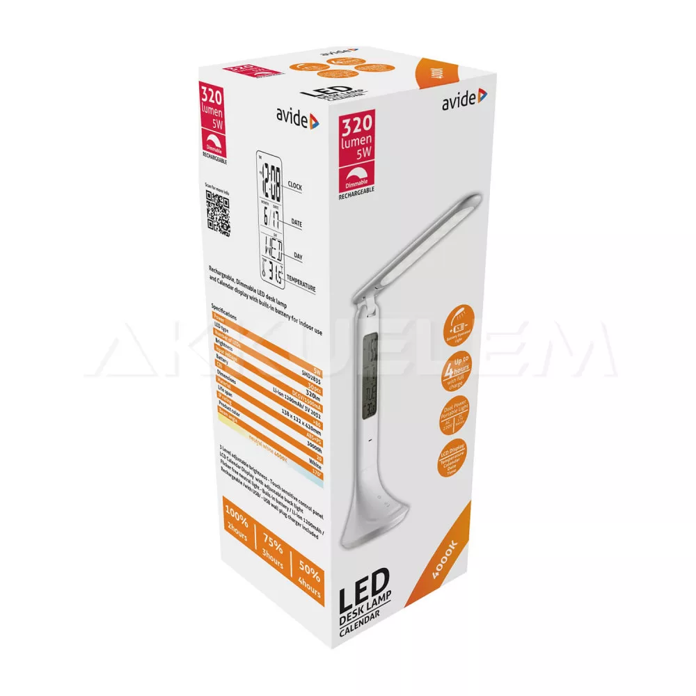 Avide LED lámpa 5W 320lm 170° naptár FEHÉR dimmer tölthető 4000K